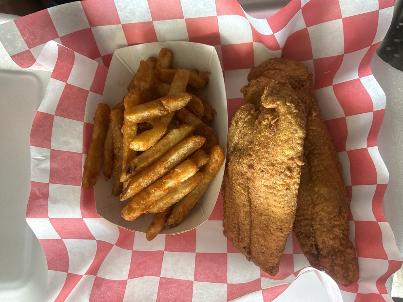 Catfish basket — two filets with crinkle-cut fries
